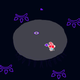 black screen with closed purple eyes with red dog in the center of a lit circle